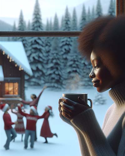 A calm winter setting with a woman sipping a hot drink by the window, symbolizing the peace of setting personal boundaries during the holidays