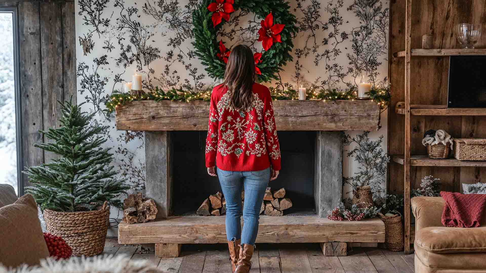 A woman standing alone in a festive decorated house setting boundaries for the holidays