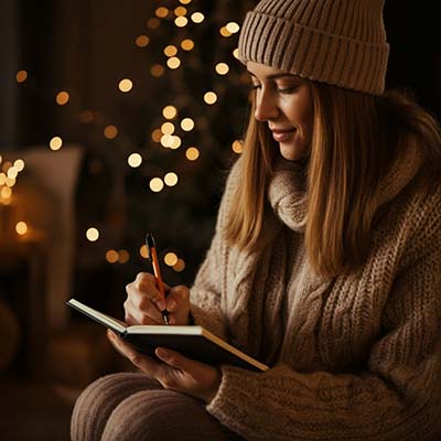 Woman in cozy clothes writing her holiday plans out so she can set healthy boundaries for the holidays