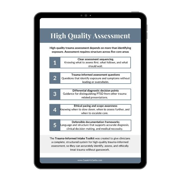 Part of A Clinical Decision-Making Guide for Therapists Assessing Trauma Exposure shown on a tablet